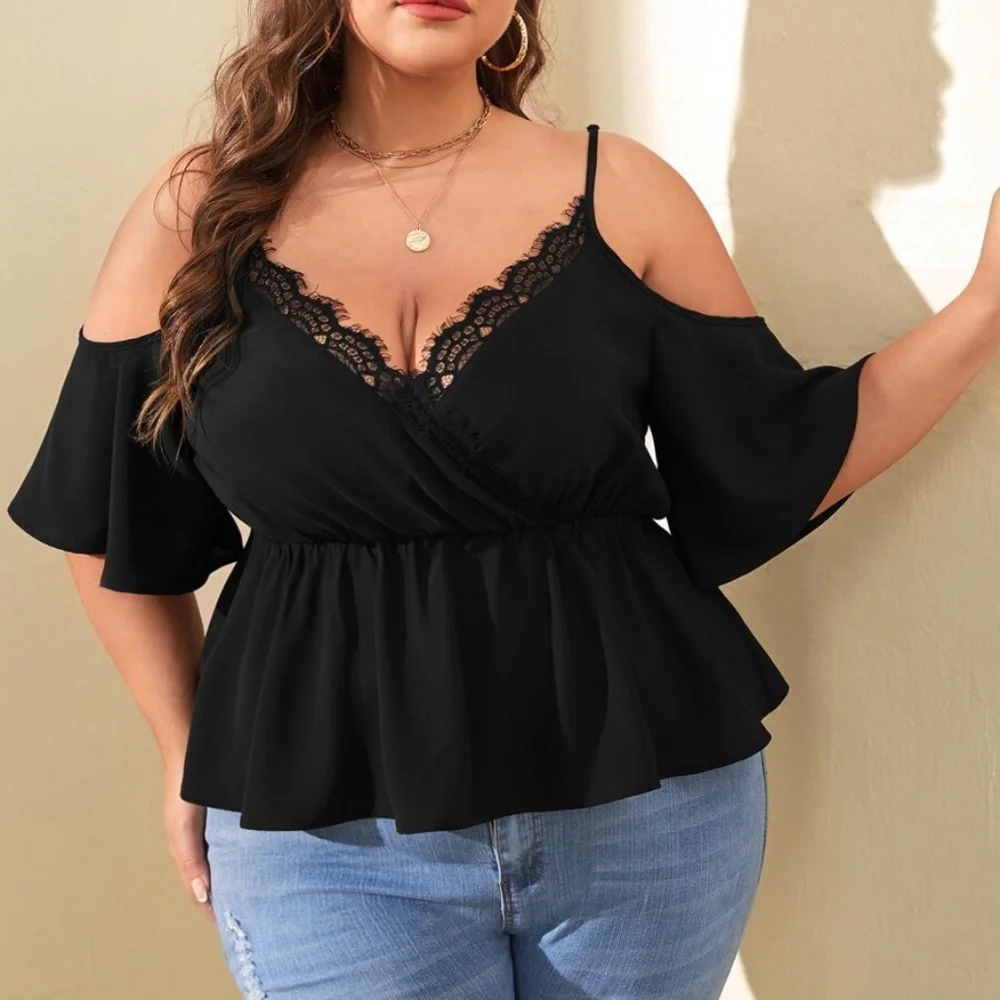 Boho Plus lace Cold Shoulder Butterfly Sleeve Top - Picture 1 of 6